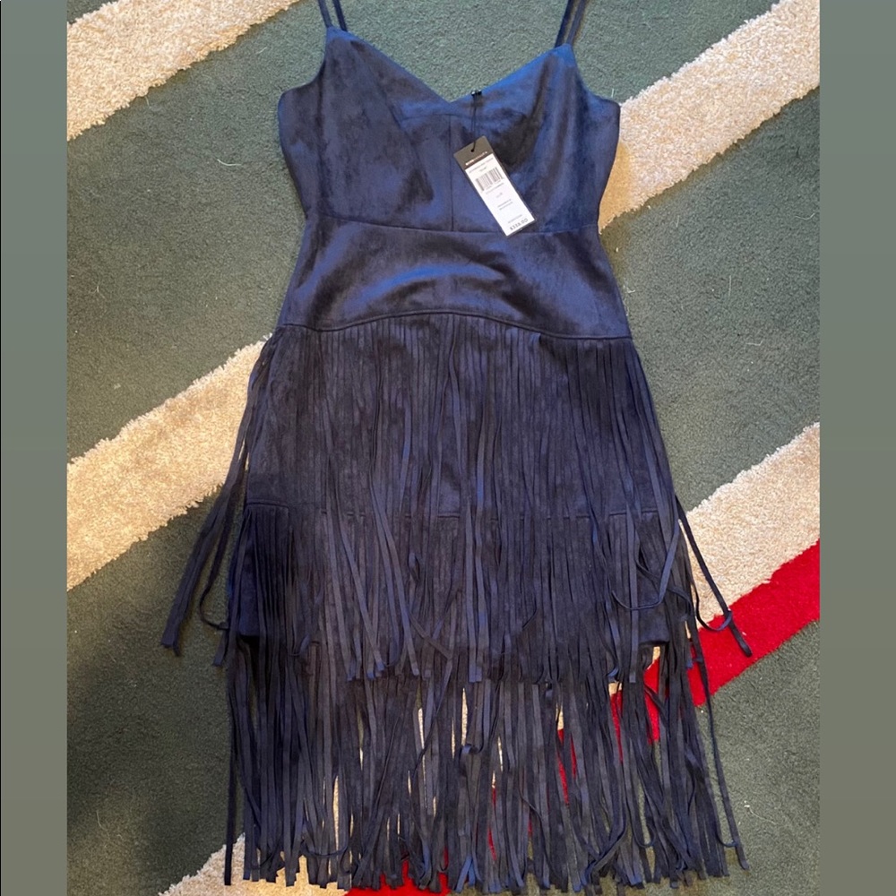 BCBG Maxazria Size 0 Navy Suede Fringe Cocktail Dress Spaghetti Strap